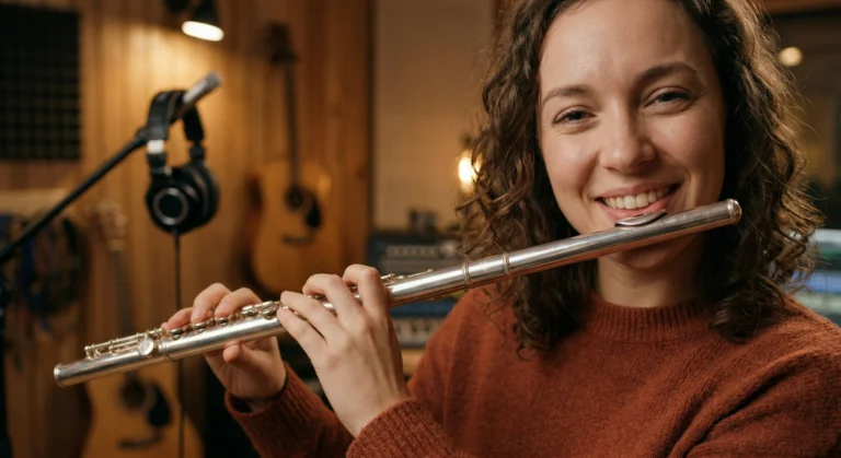 Mulher musicista feliz tocando arpejos maiores na flauta transversal na postura correta em estúdio de música.