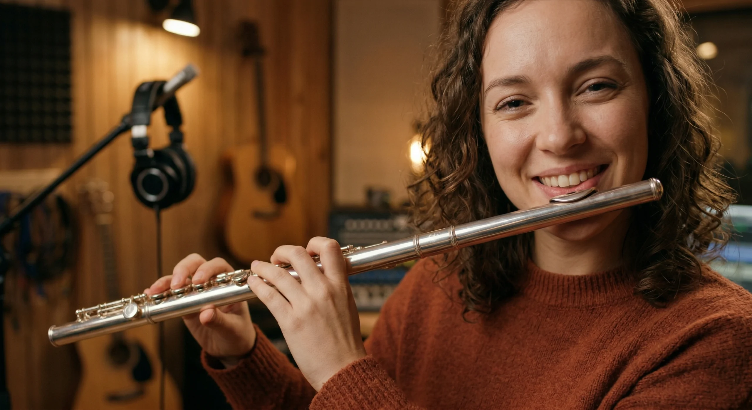Mulher musicista feliz tocando arpejos maiores na flauta transversal na postura correta em estúdio de música.