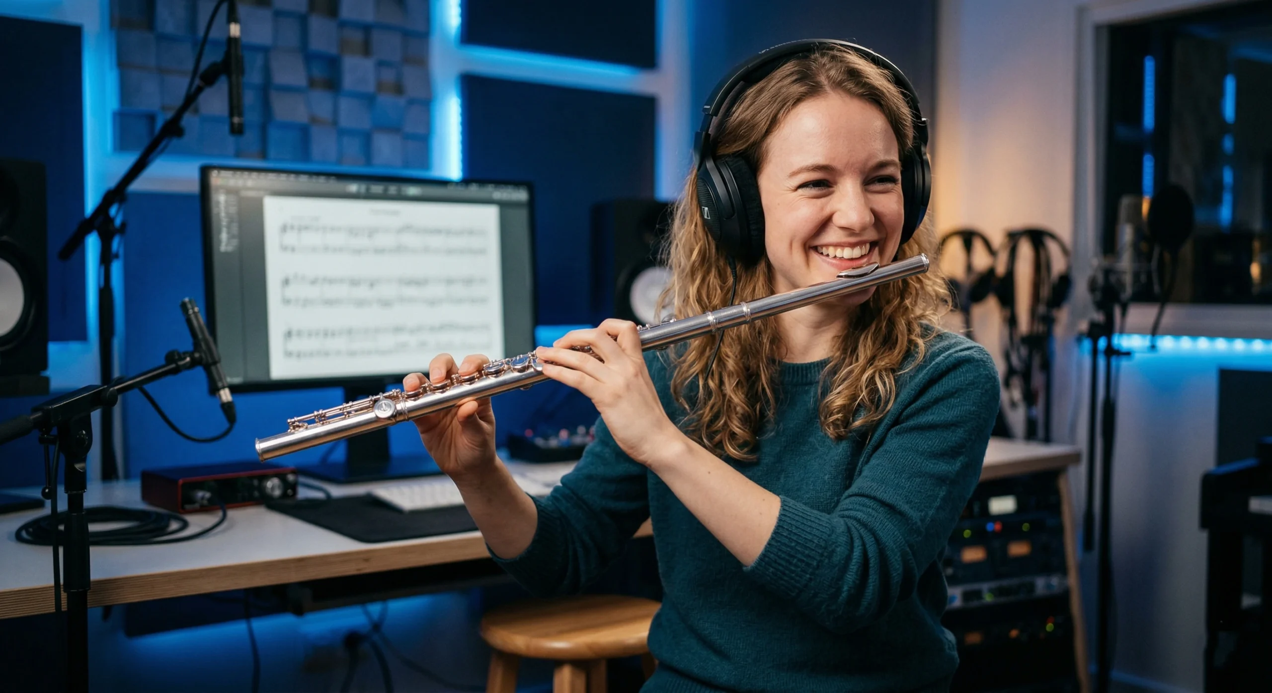 Mulher musicista feliz praticando escalas diminutas na flauta transversal em estúdio com iluminação azul, usando escuta ativa.