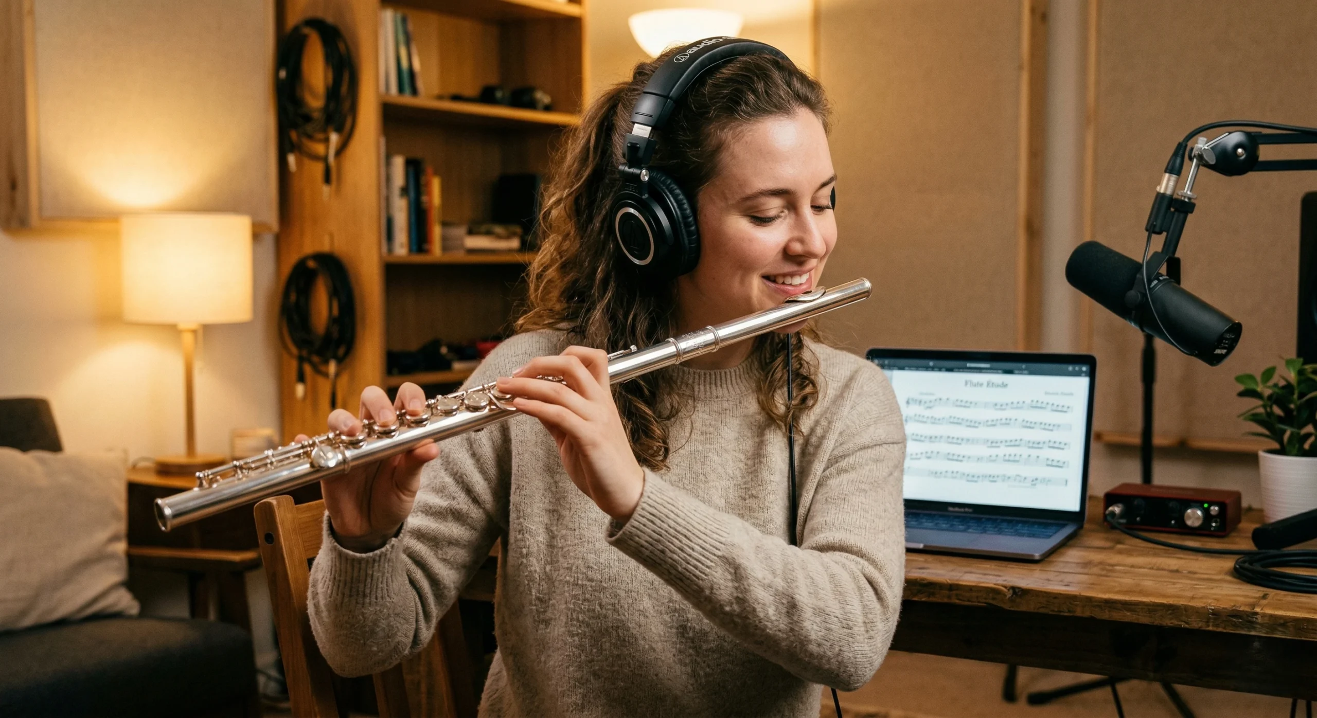 Músico focado praticando escalas maiores na flauta transversal usando fones de ouvido e partitura na tela, aplicando o Método Tocar com Referência.