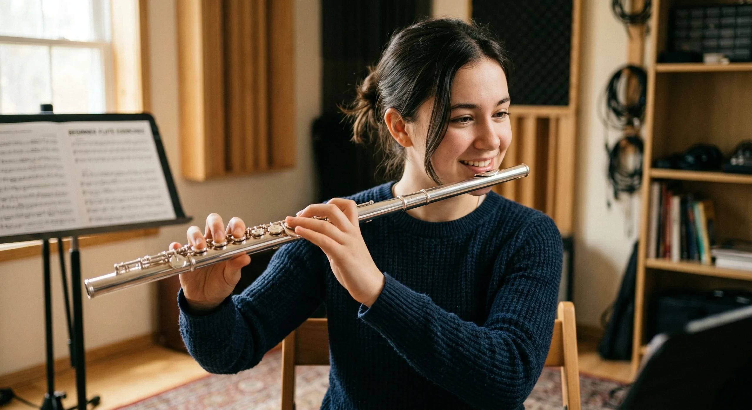 Melhor flauta para iniciante sendo segurada por estudante em postura correta de execução.