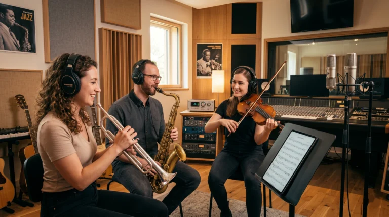 Três músicos (trompetista, saxofonista e violinista) estudando juntos com o Método Tocar com Referência.