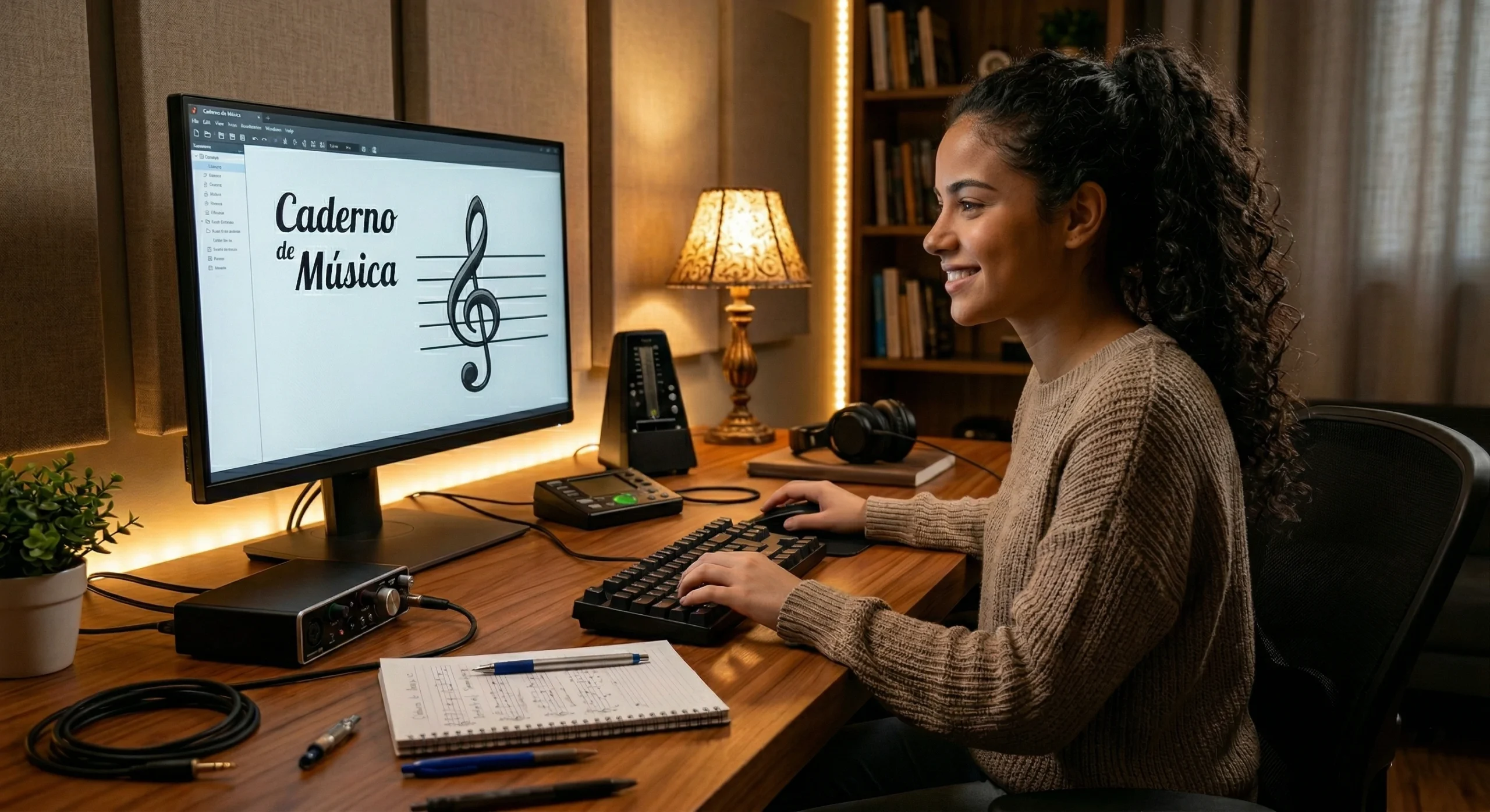 Músico feliz praticando notas longas na flauta transversal com partitura na tela, demonstrando escuta ativa e som focado.
