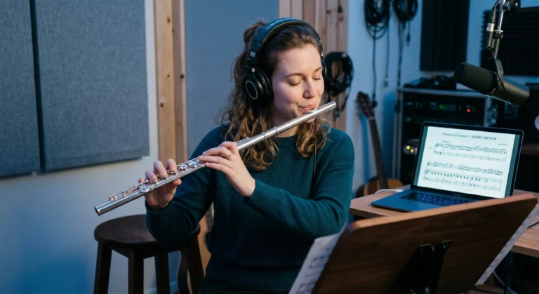 Estudante de música feliz analisando teoria e pentacordes maiores na flauta transversal através do material Caderno de Música com clave de Dó.
