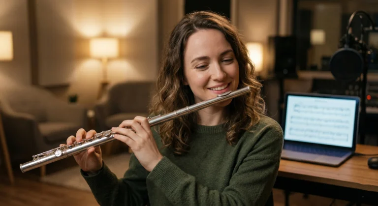 Músico focado praticando escalas menores na flauta transversal com partitura na tela, demonstrando escuta ativa e afinação perfeita.