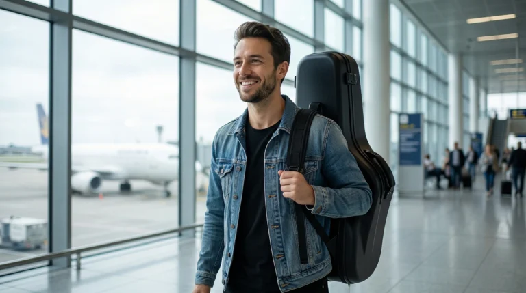 Músico feliz preparado para transportar o seu saxofone no avião com um case seguro.