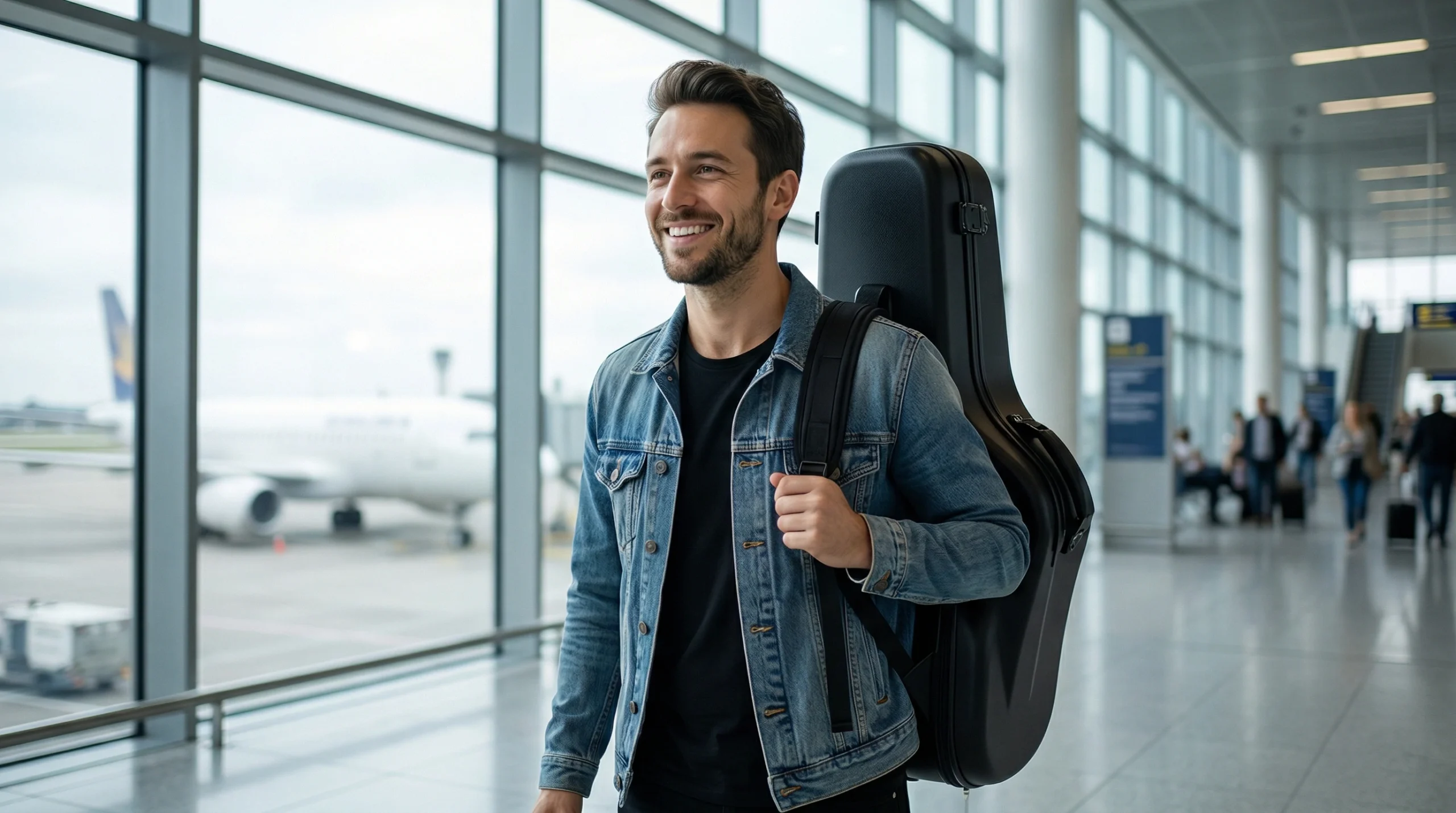 Músico feliz preparado para transportar o seu saxofone no avião com um case seguro.